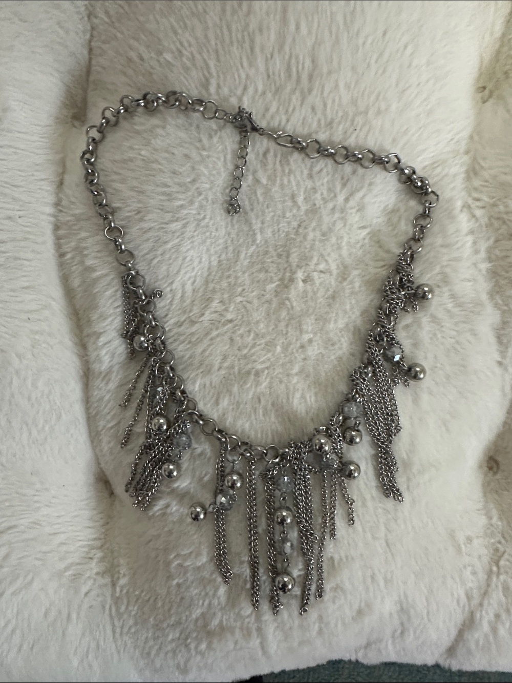 Silver Fringe Chain and Bead Necklace - Silver